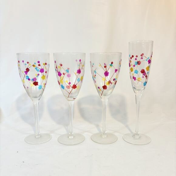 Pier 1 Cherry Blossom Flower Floral Water Wine Glasses Goblets + Flute Stemware - Picture 1 of 4